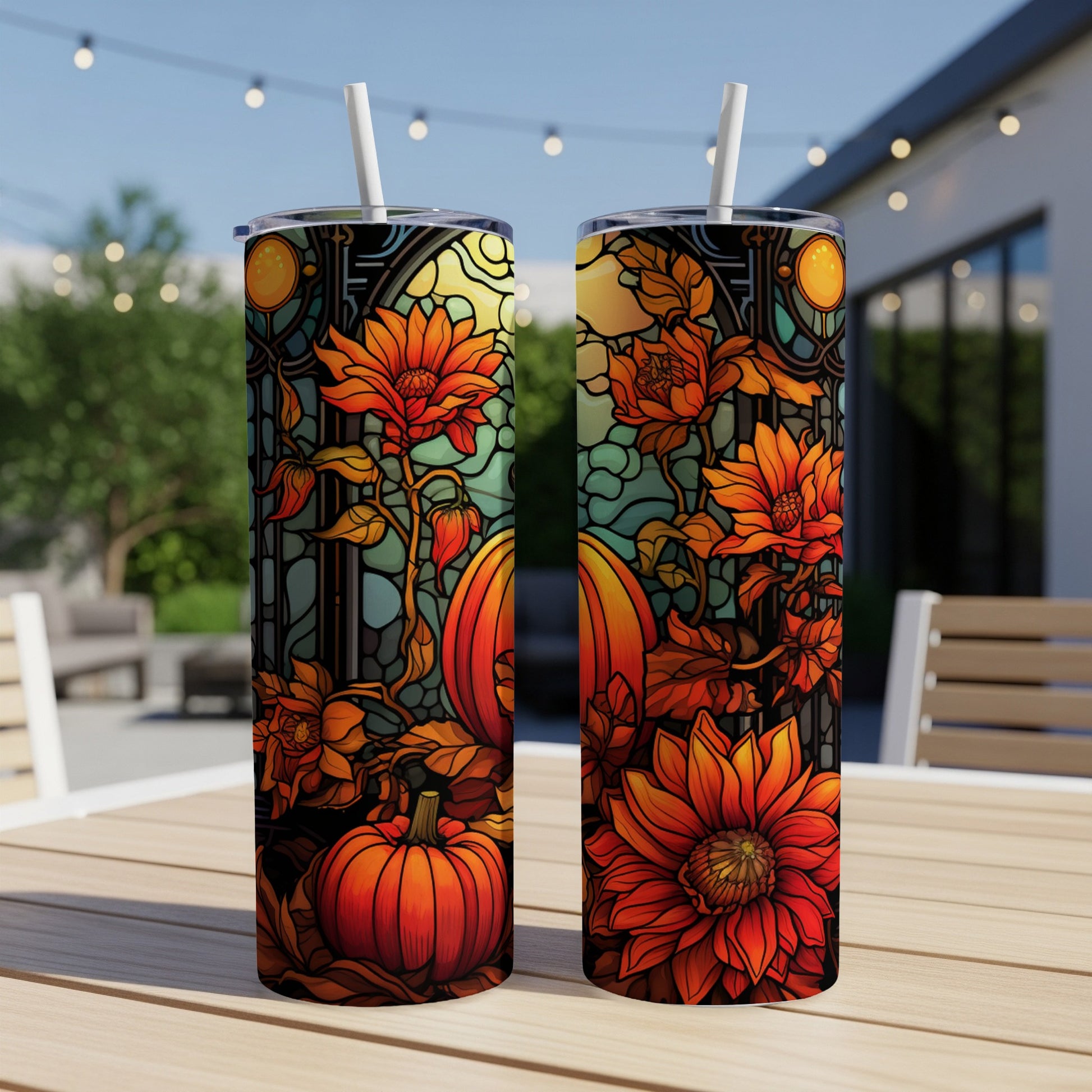 Two tumblers with a stained-glass pumpkin and floral fall design.