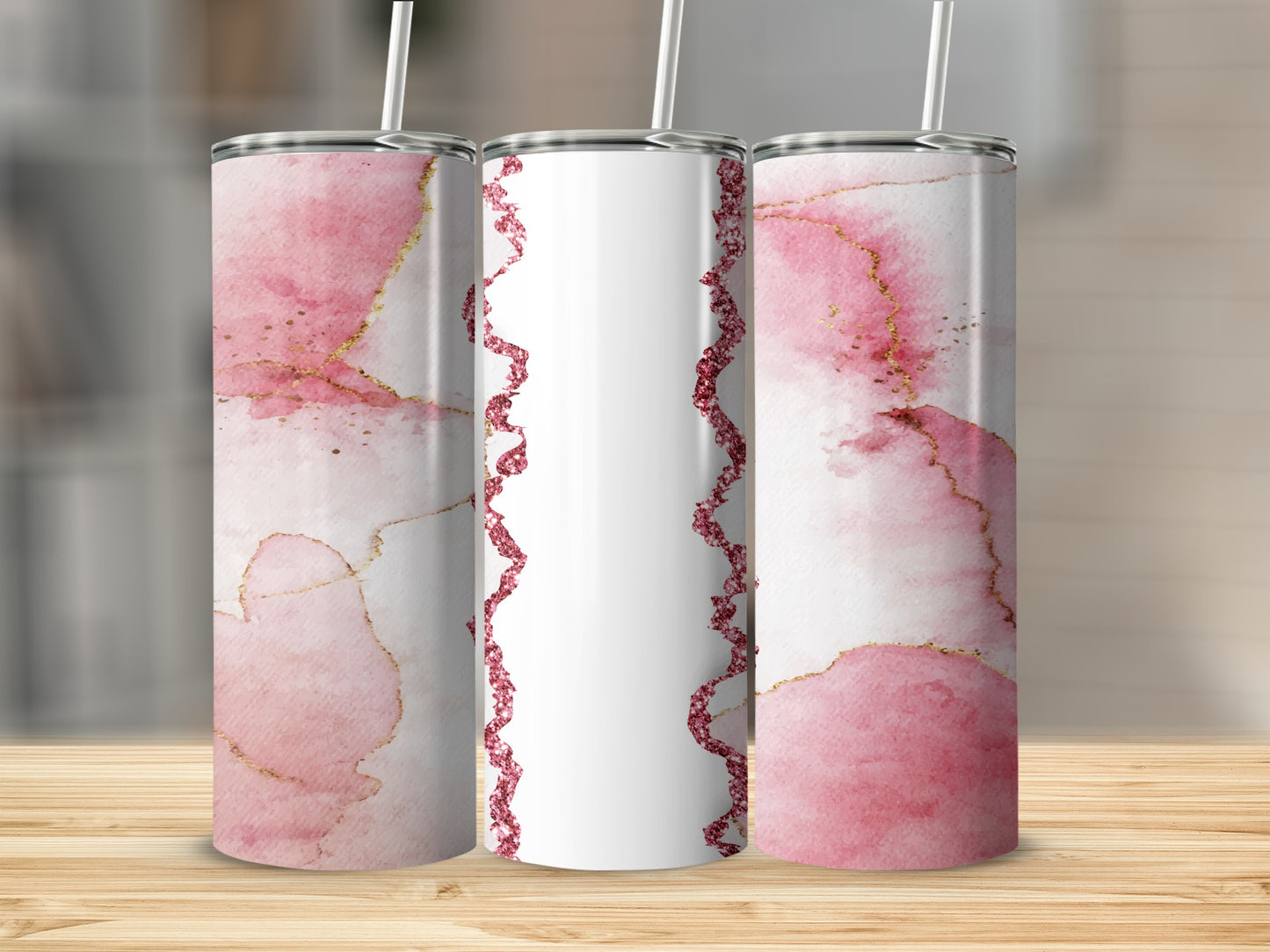 Pink watercolor tumbler with gold accents and a glitter stripe.