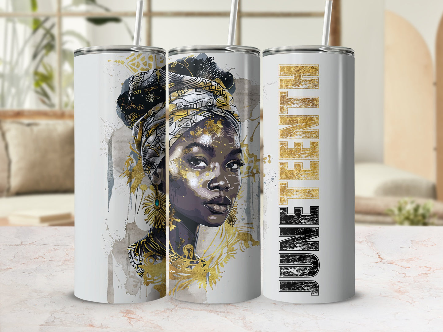 Tumbler with Black woman's portrait and "June Triumphant" text.