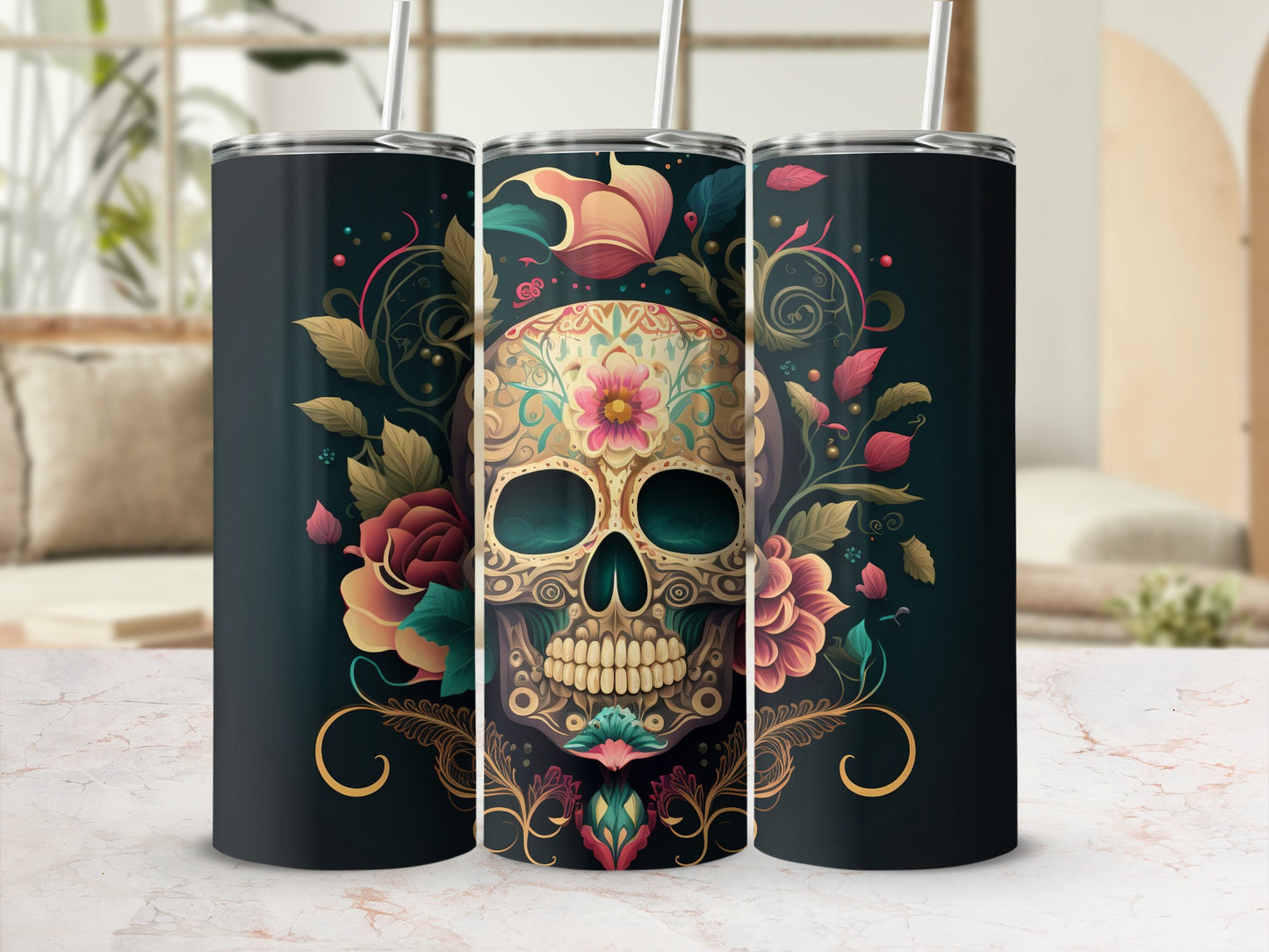 Floral Sugar Skull Art on Dark Background Tumbler