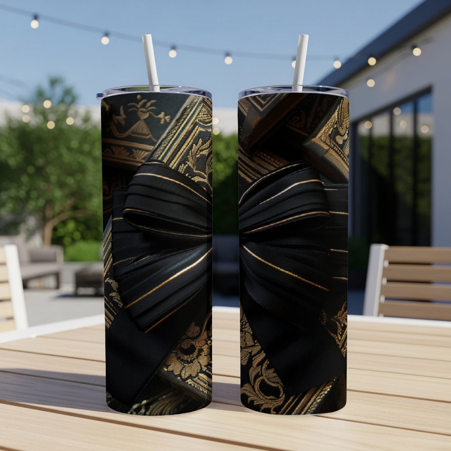 Two tumblers with black ribbon and gold ornate pattern on outdoor table.