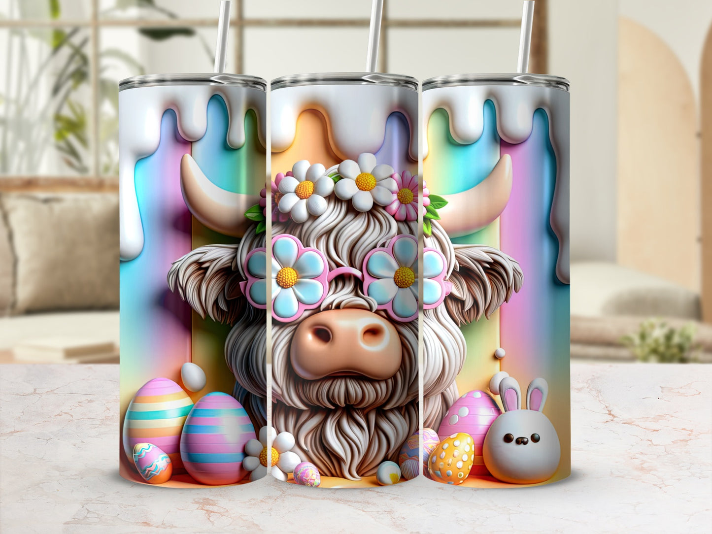 Highland cow with sunglasses and flowers, surrounded by Easter eggs.