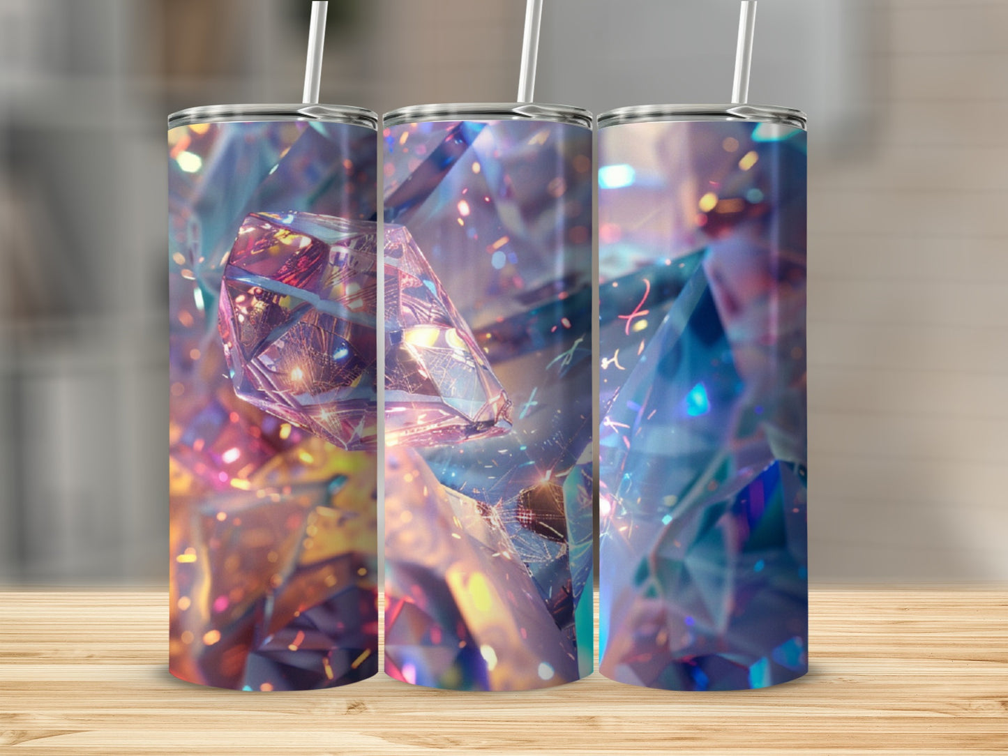 Three tumblers with a sparkling faceted gemstone design.