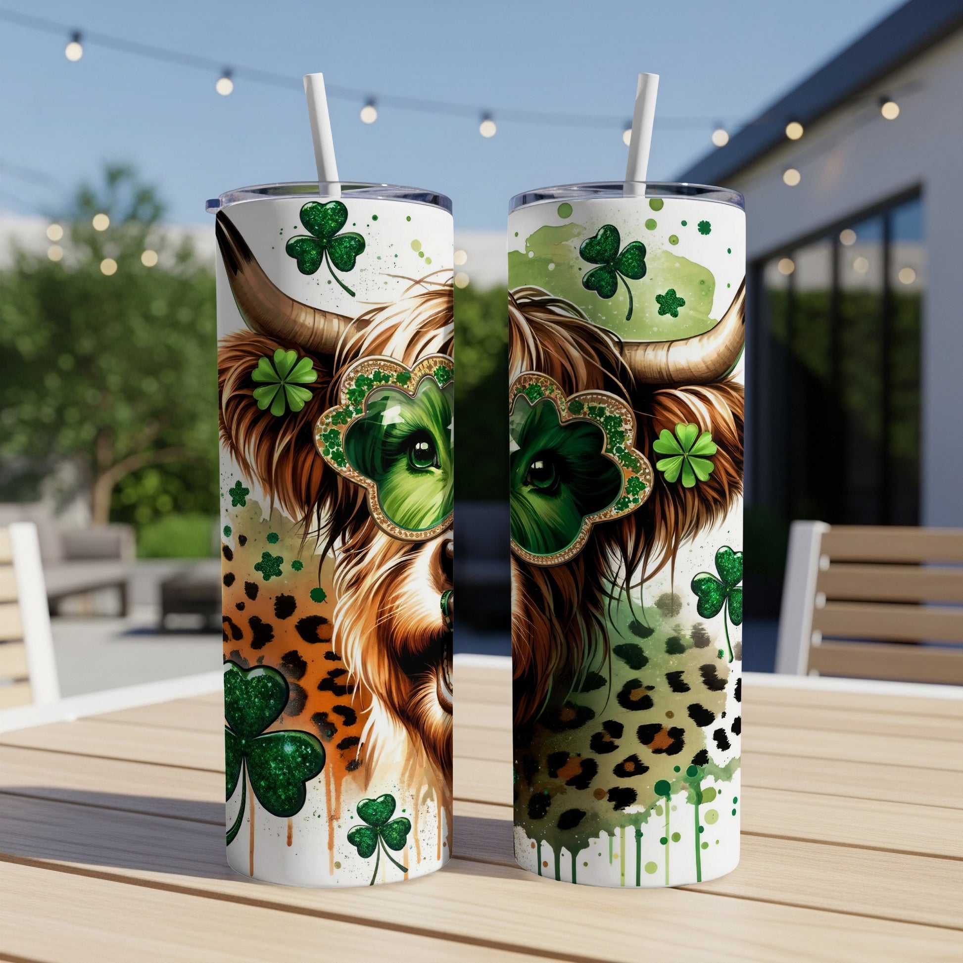 St. Patrick's Day Highland cow tumbler with shamrocks and leopard print.