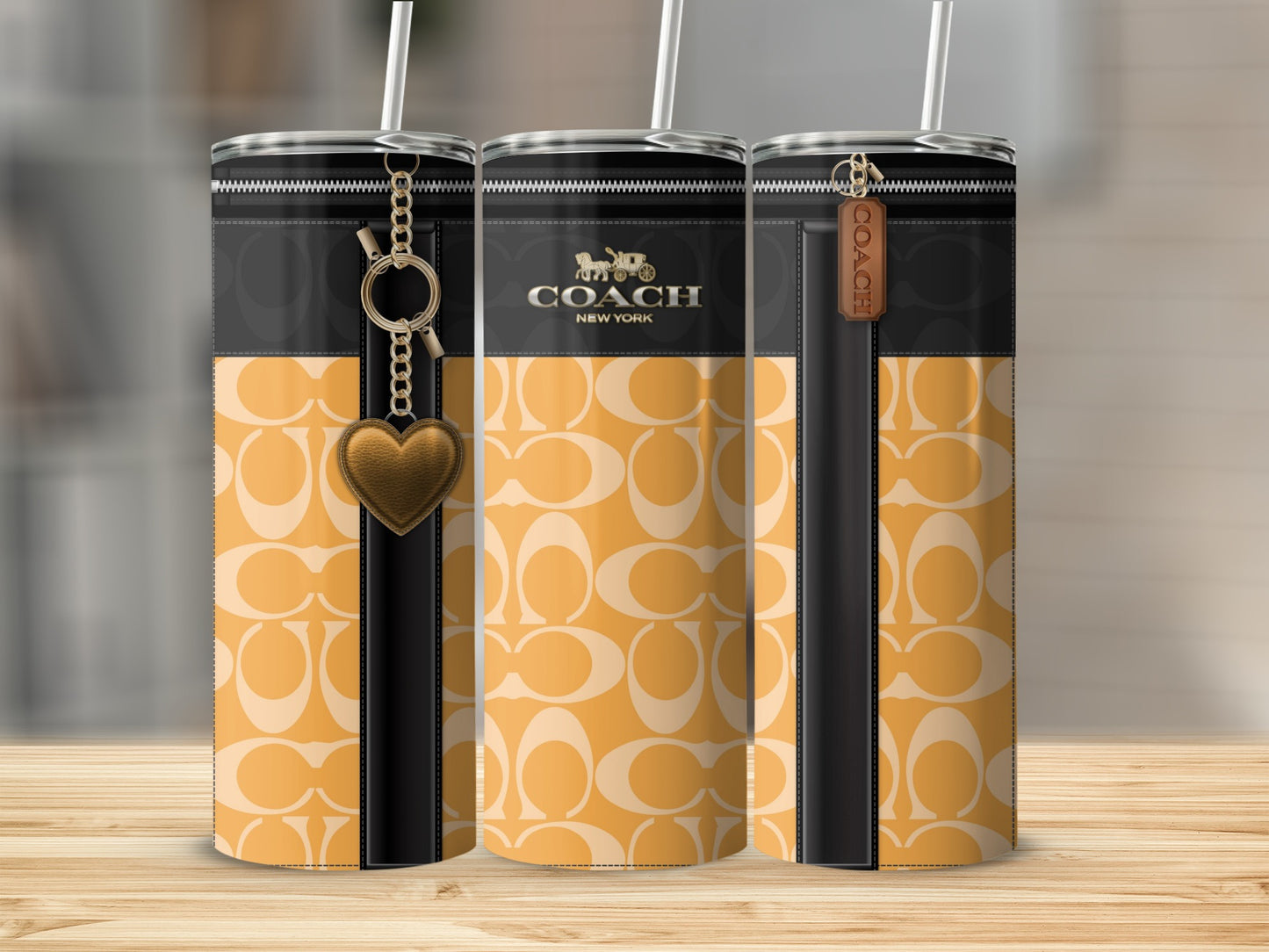 Designer Coach New York Pattern Tumbler with Heart Charm