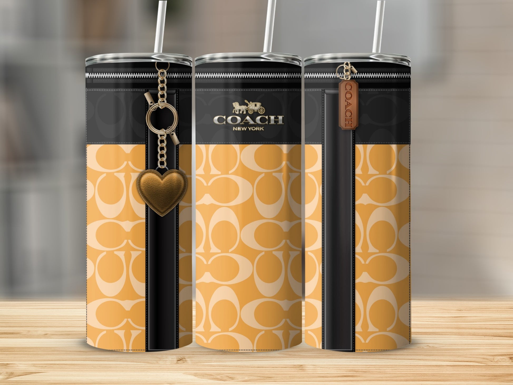 Designer Coach New York Pattern Tumbler with Heart Charm
