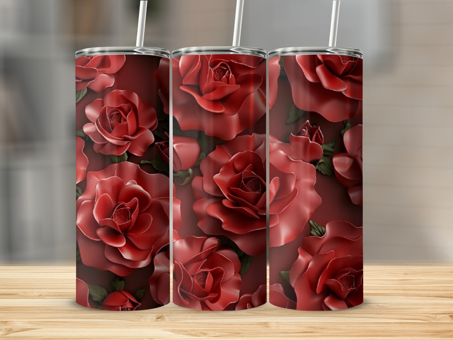 Three tumblers featuring a repeating pattern of deep red roses.