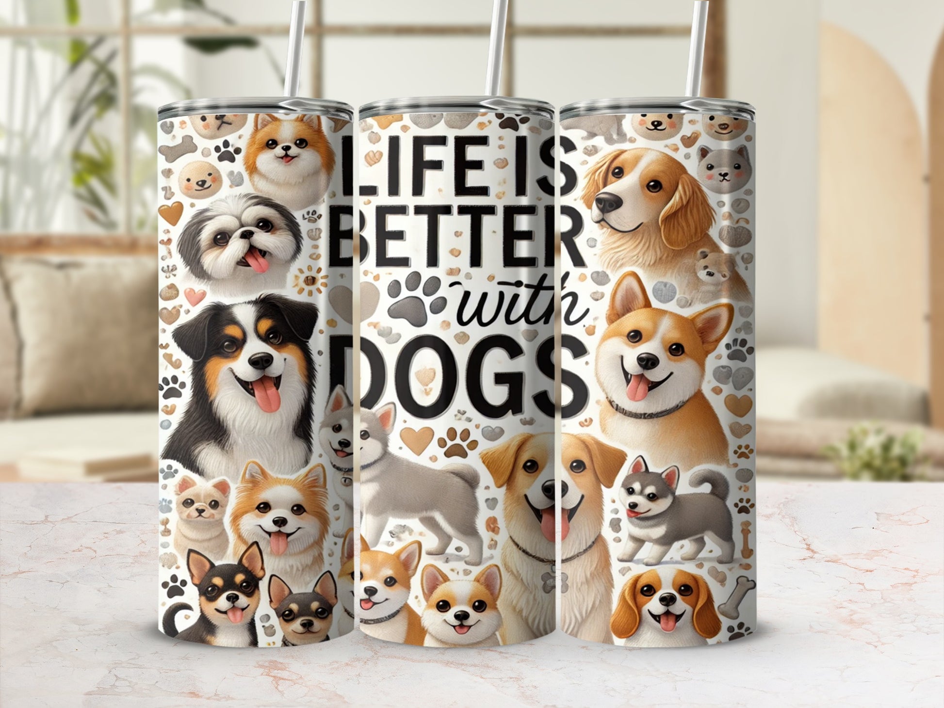 Life Is Better With Dogs Tumbler with Cute Dog Faces