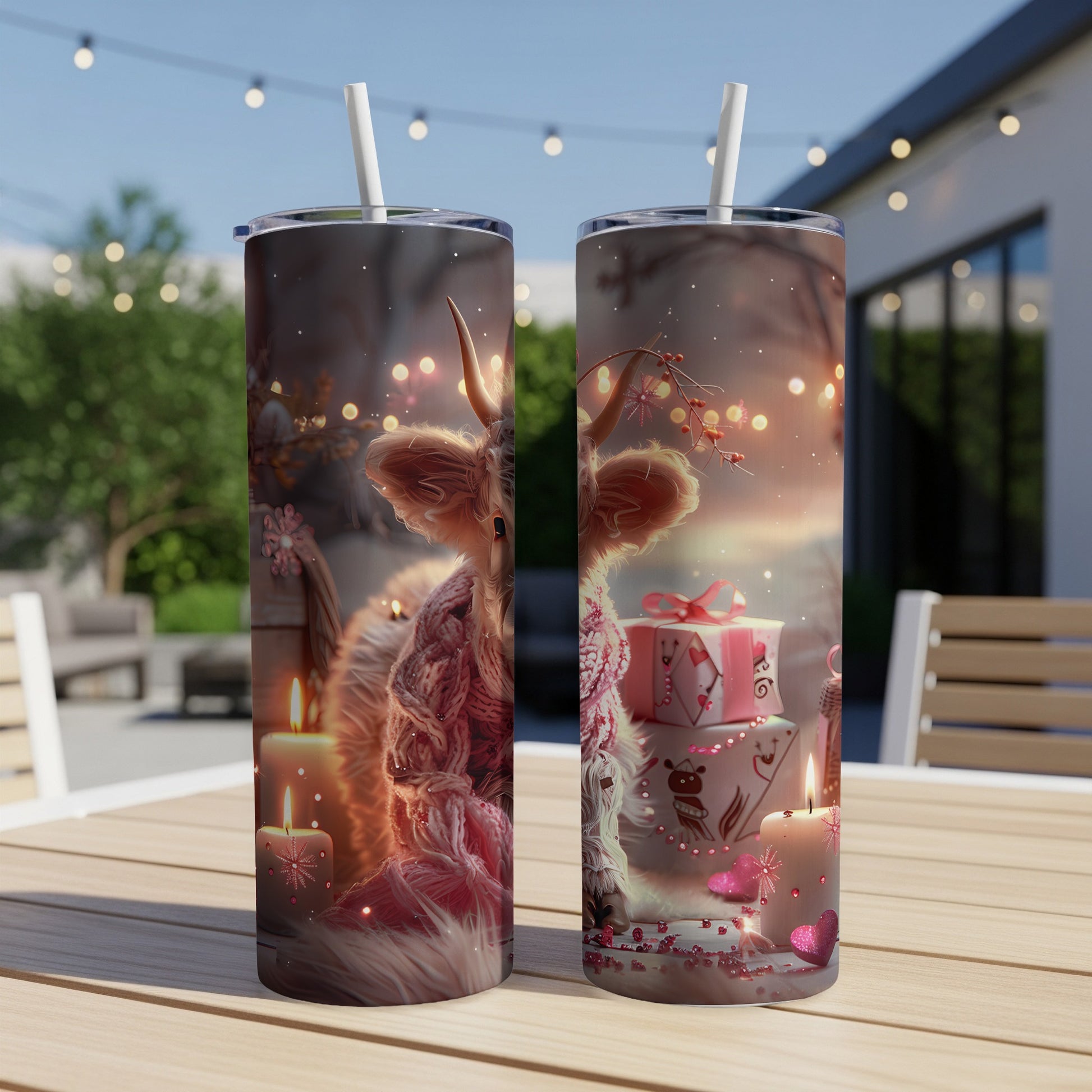 Two sublimation tumblers featuring a Highland cow with a scarf and gift boxes.
