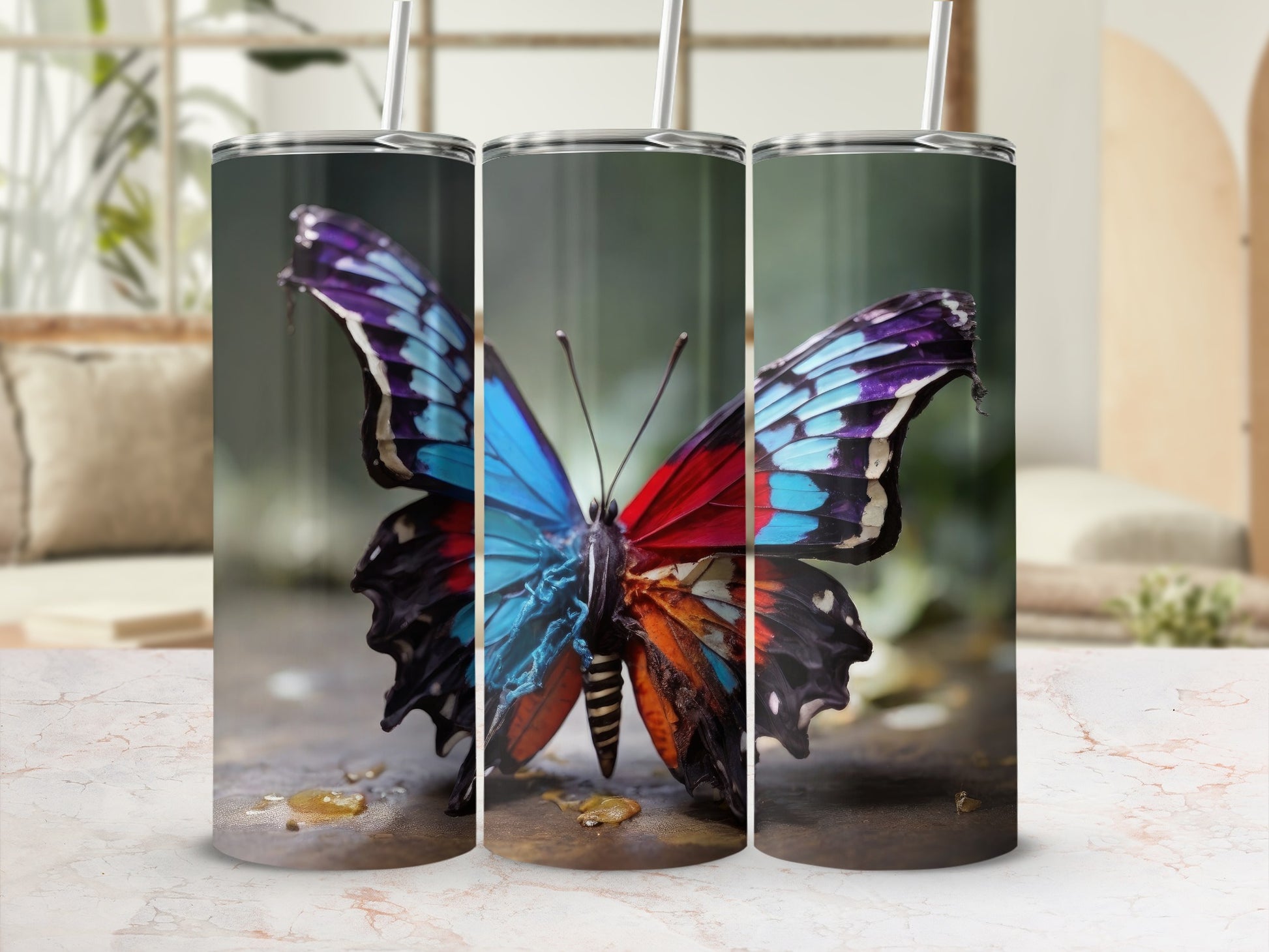 Tumbler with a colorful butterfly design and straw.