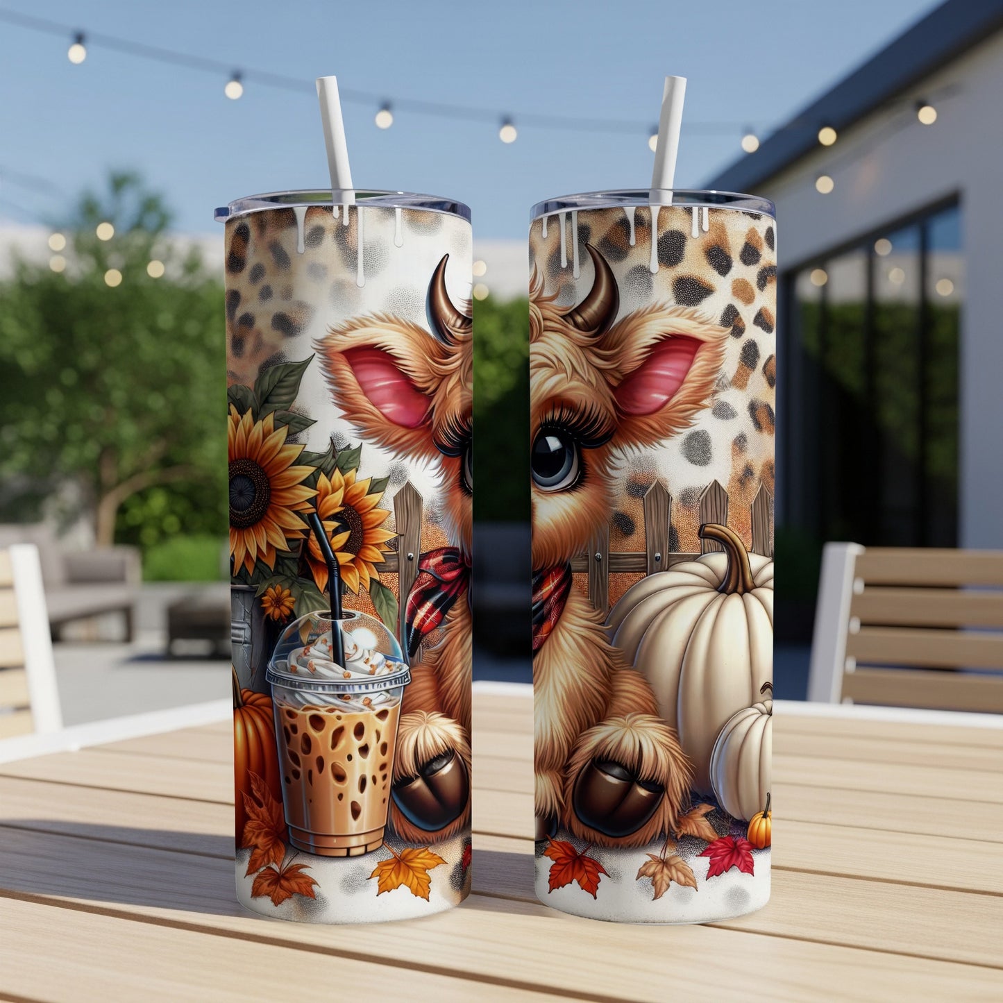 Two tumblers with a cow, pumpkin, and sunflower fall design.