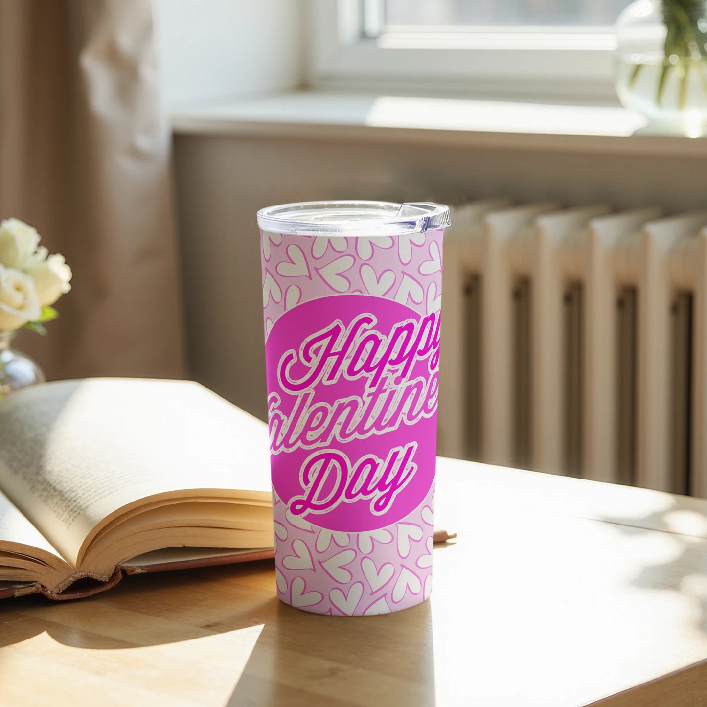 Happy Valentine's Day Pink White Hearts Tumbler