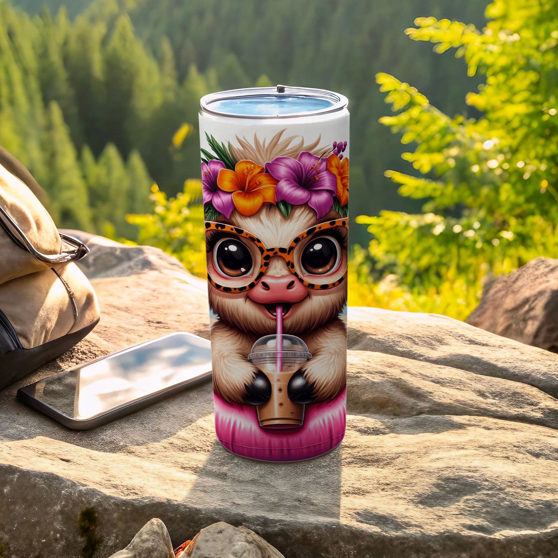 Tumbler with cute cow wearing glasses and drinking a coffee.