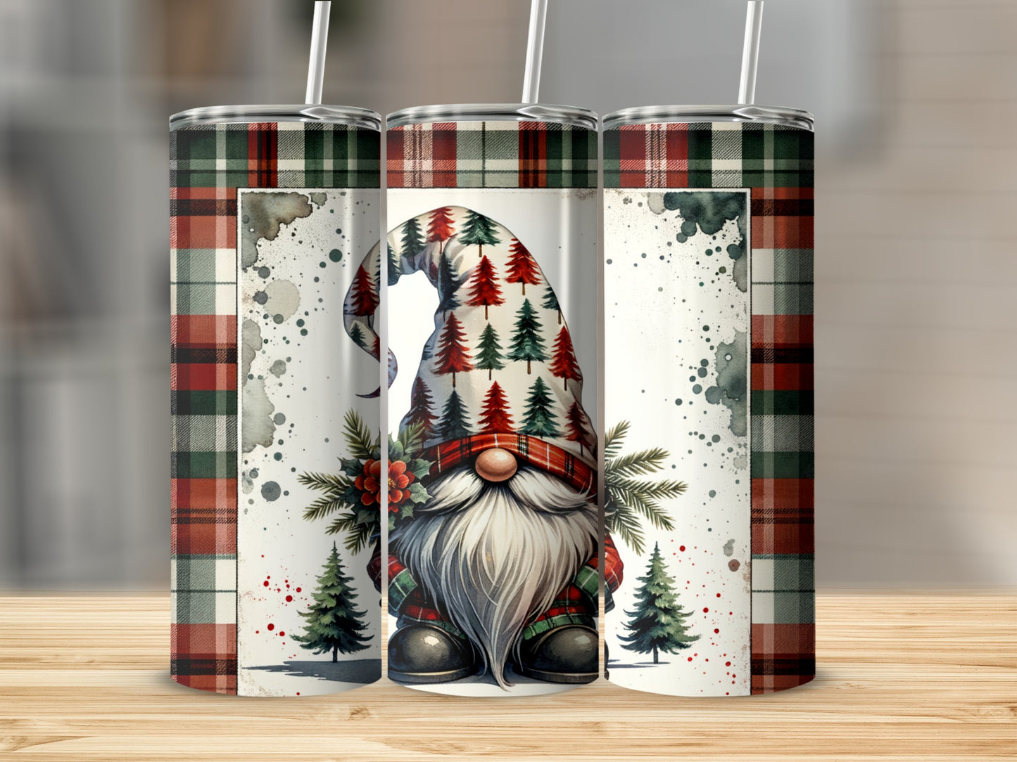 Three skinny tumblers with a gnome and Christmas trees on plaid backgrounds.