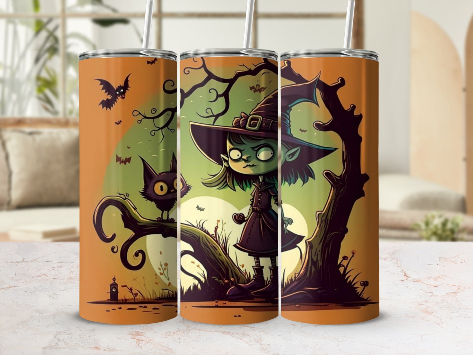 Halloween themed tumbler featuring a cartoon witch, black cat, bats, and spooky trees.