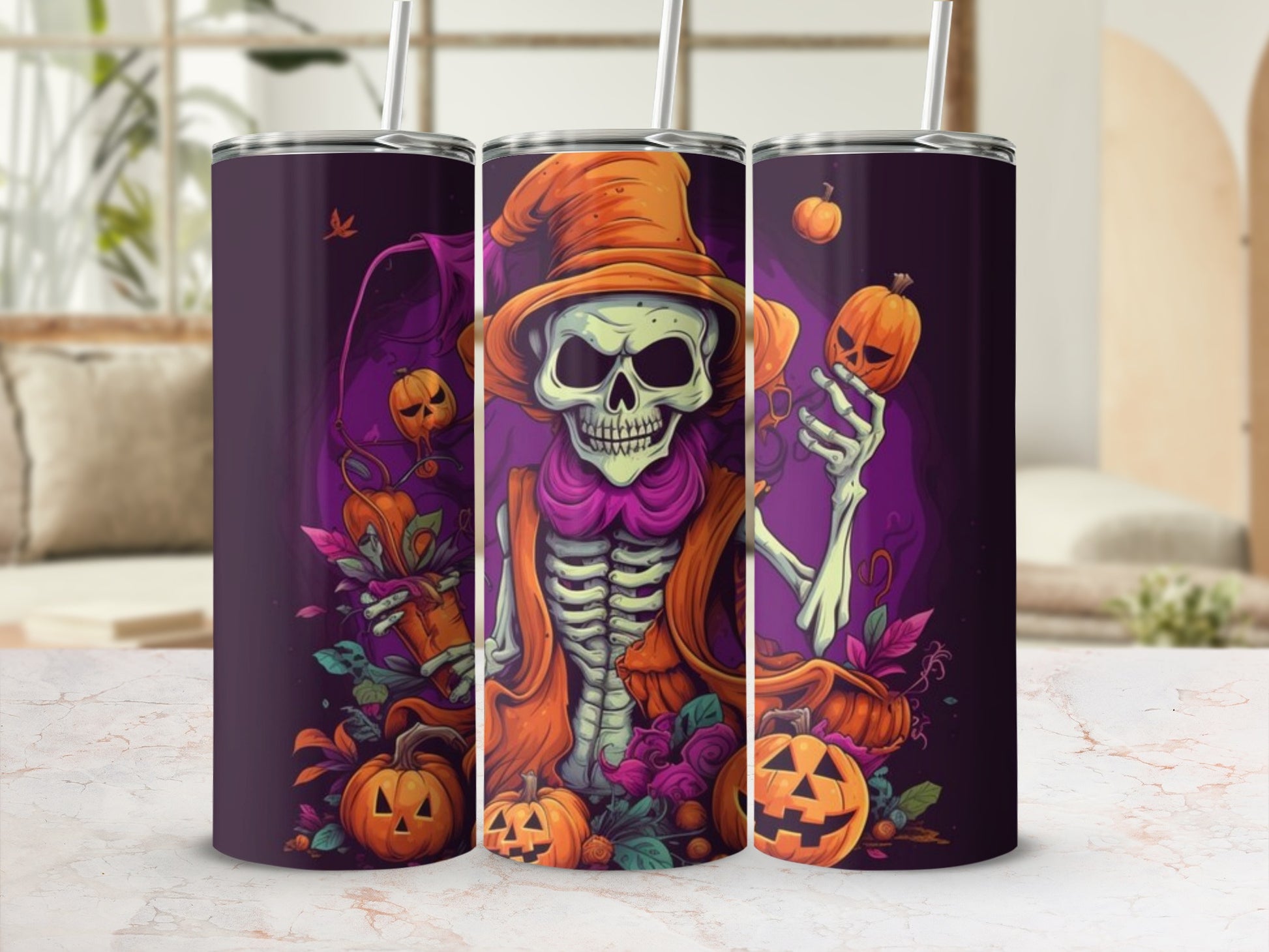 Halloween Skeleton with Pumpkins Insulated Tumbler