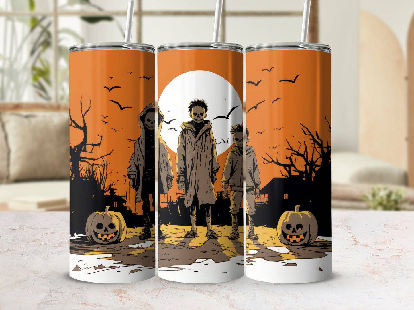 Three tumblers feature Halloween theme with figures, pumpkins, and birds on orange background.