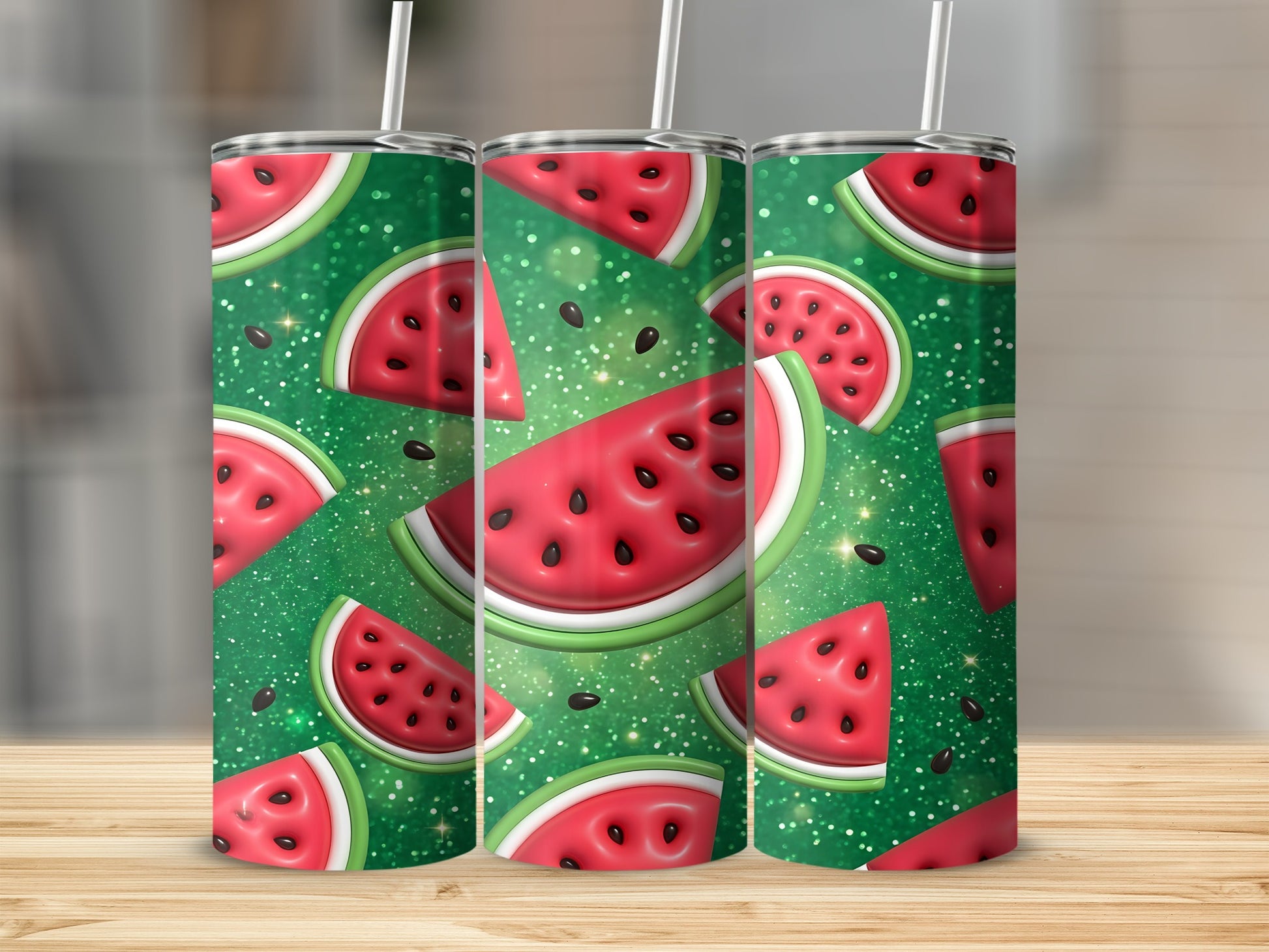 Watermelon slices on a sparkly green background with a straw.