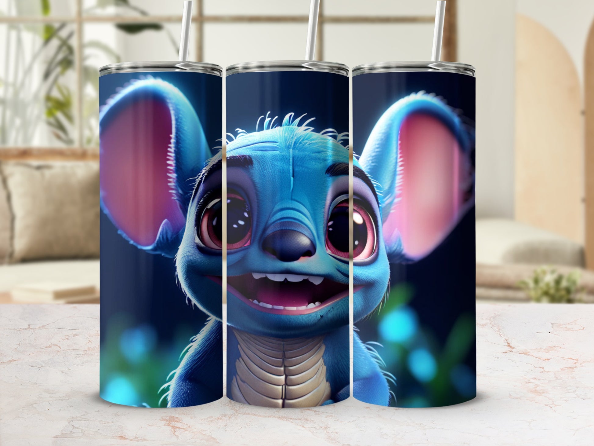 Three Stitch tumblers with straws, featuring the character's blue fur and large ears.