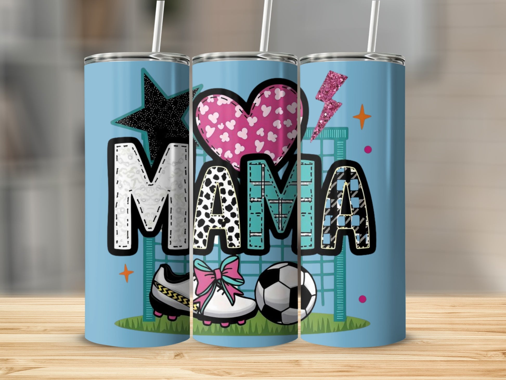 Mama-Themed Tumbler with Cute Heart and Soccer Design