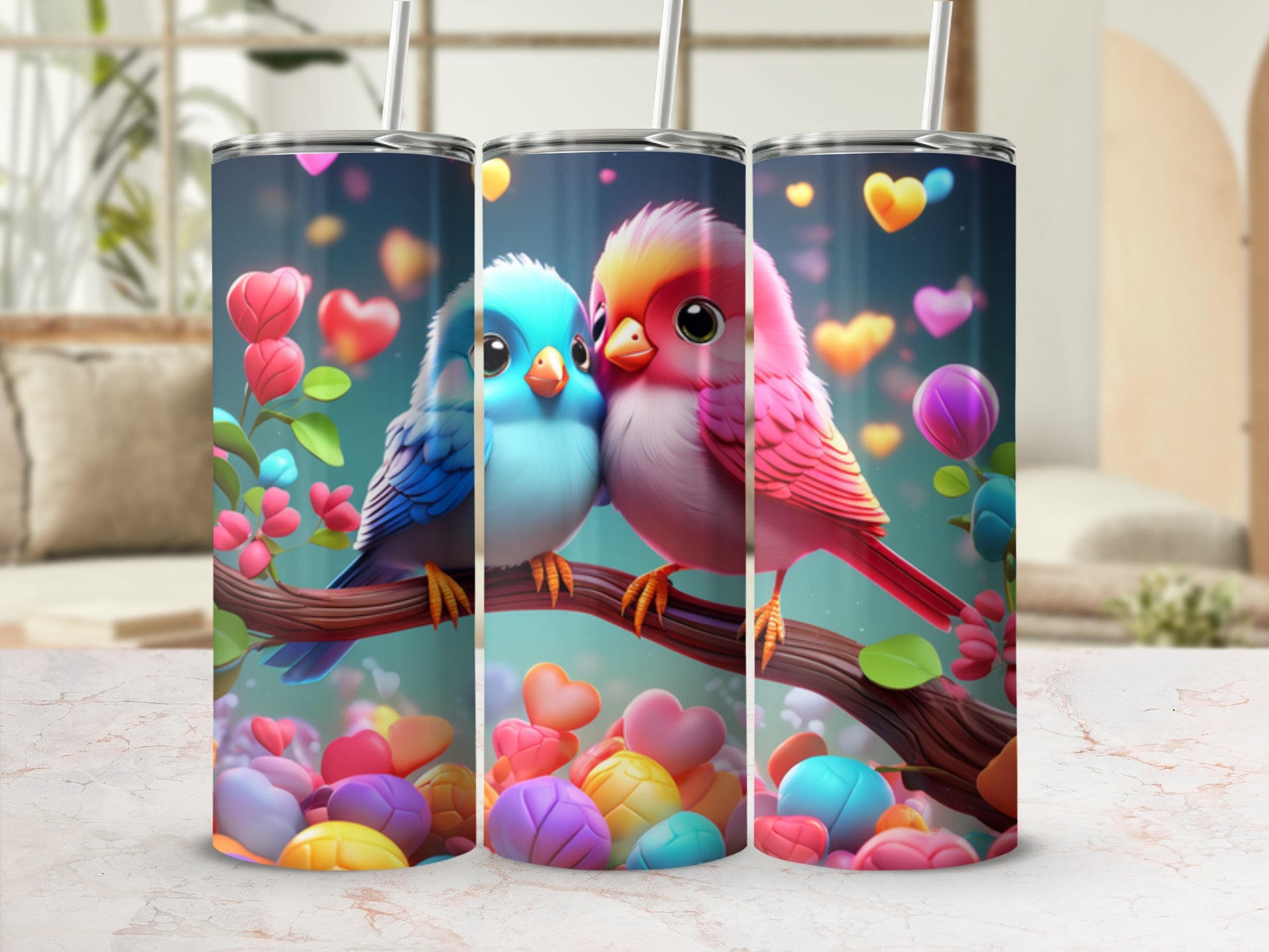 Two cartoon birds, one blue and one pink, perched on a branch with hearts.