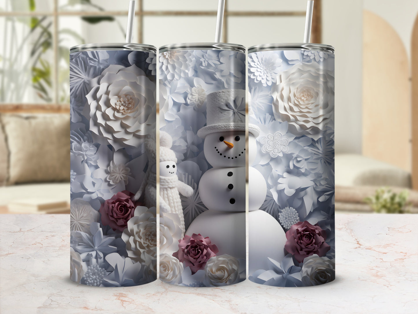 Snowman and Winter Roses Tumbler with Straw