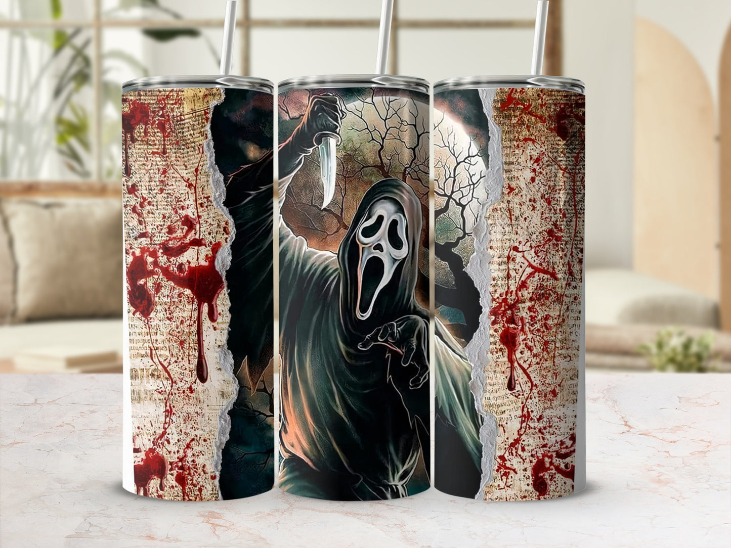 Ghostface mask character with knife on ripped grunge background tumbler.