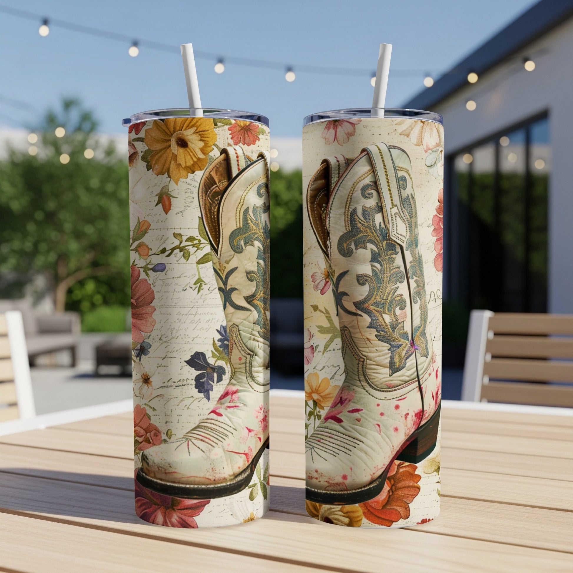 Two cowboy boots with floral and script patterns on tumblers.