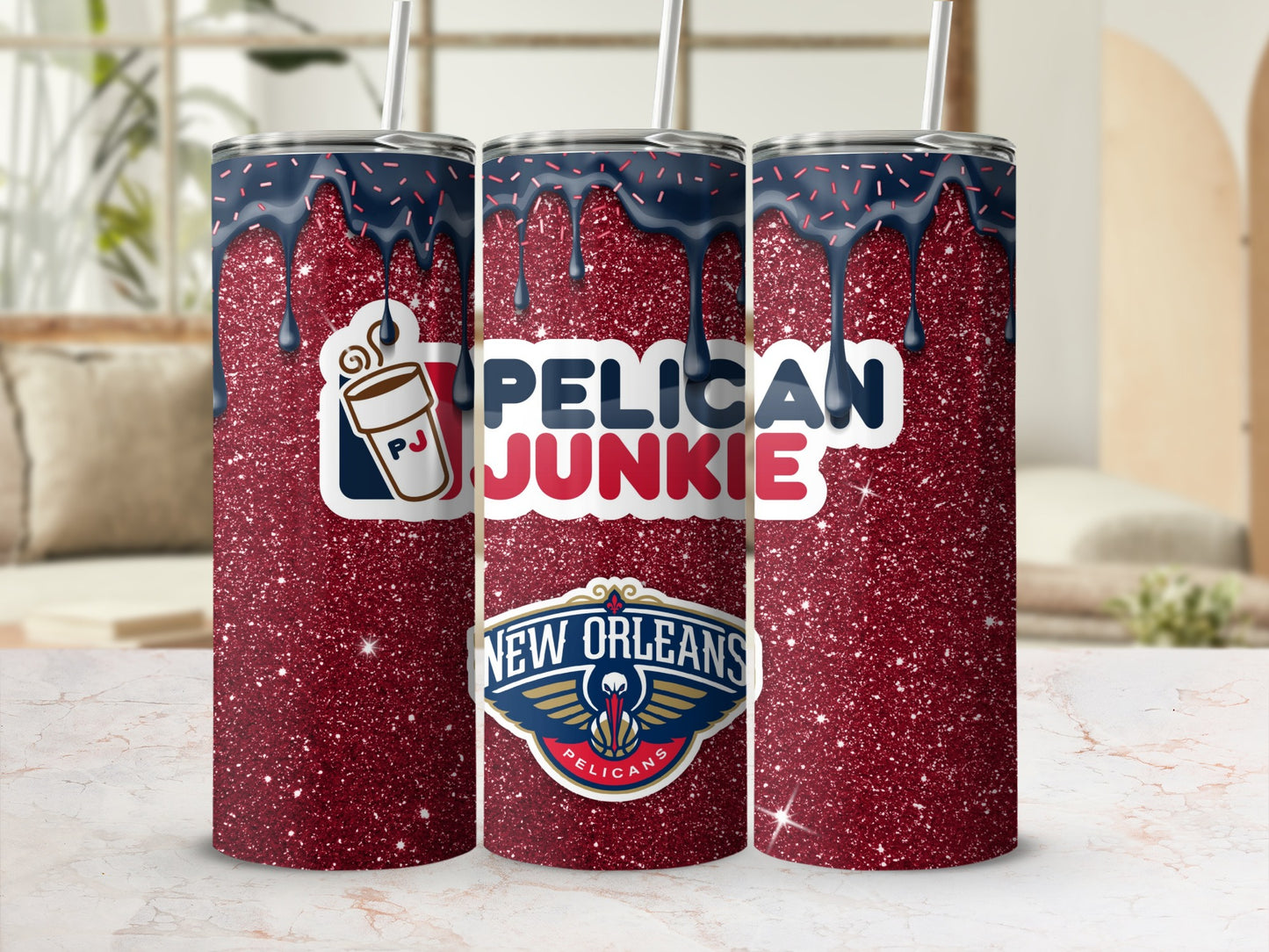 Pelican Junkie New Orleans Red Glitter Tumbler Cup