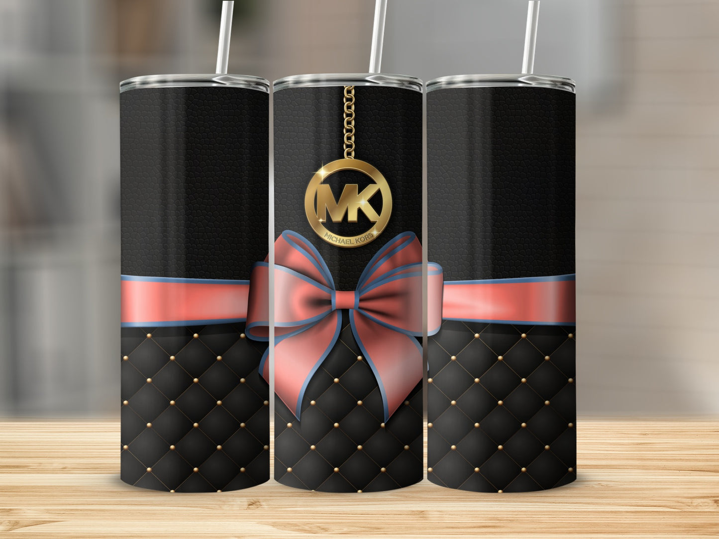 Elegant Black Quilted Tumbler with Red Bow Design