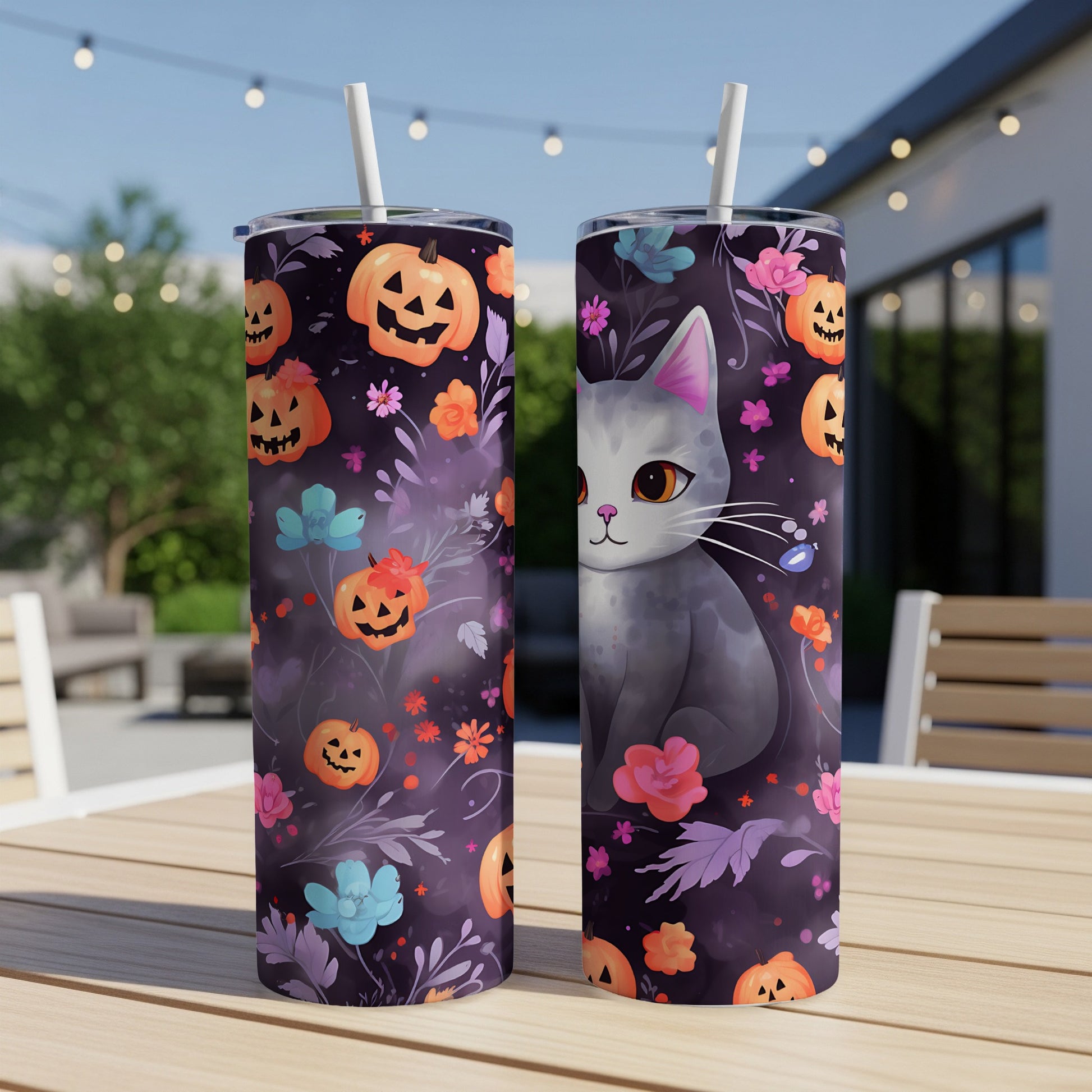 Two tumblers with a Halloween cat and pumpkin floral design.