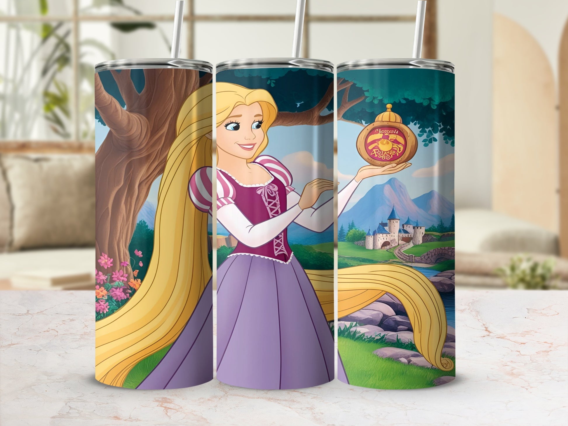 Rapunzel from Tangled holding the sun drop flower, with a castle in background.