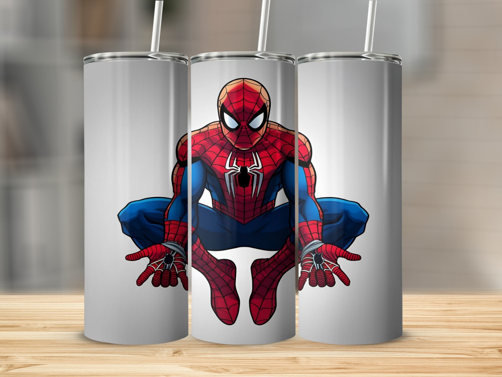 Spider-Man crouching in his iconic red and blue suit on a tumbler.