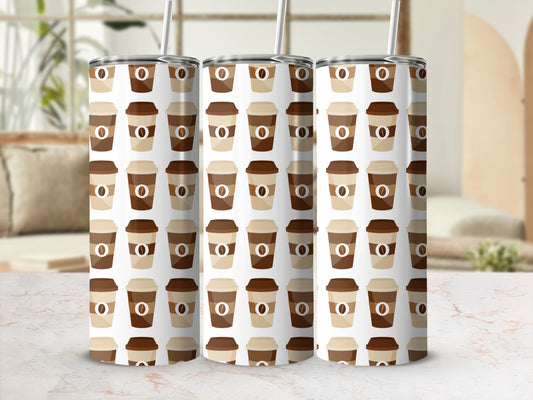 Pattern of coffee cups with lids and straws on a textured background.