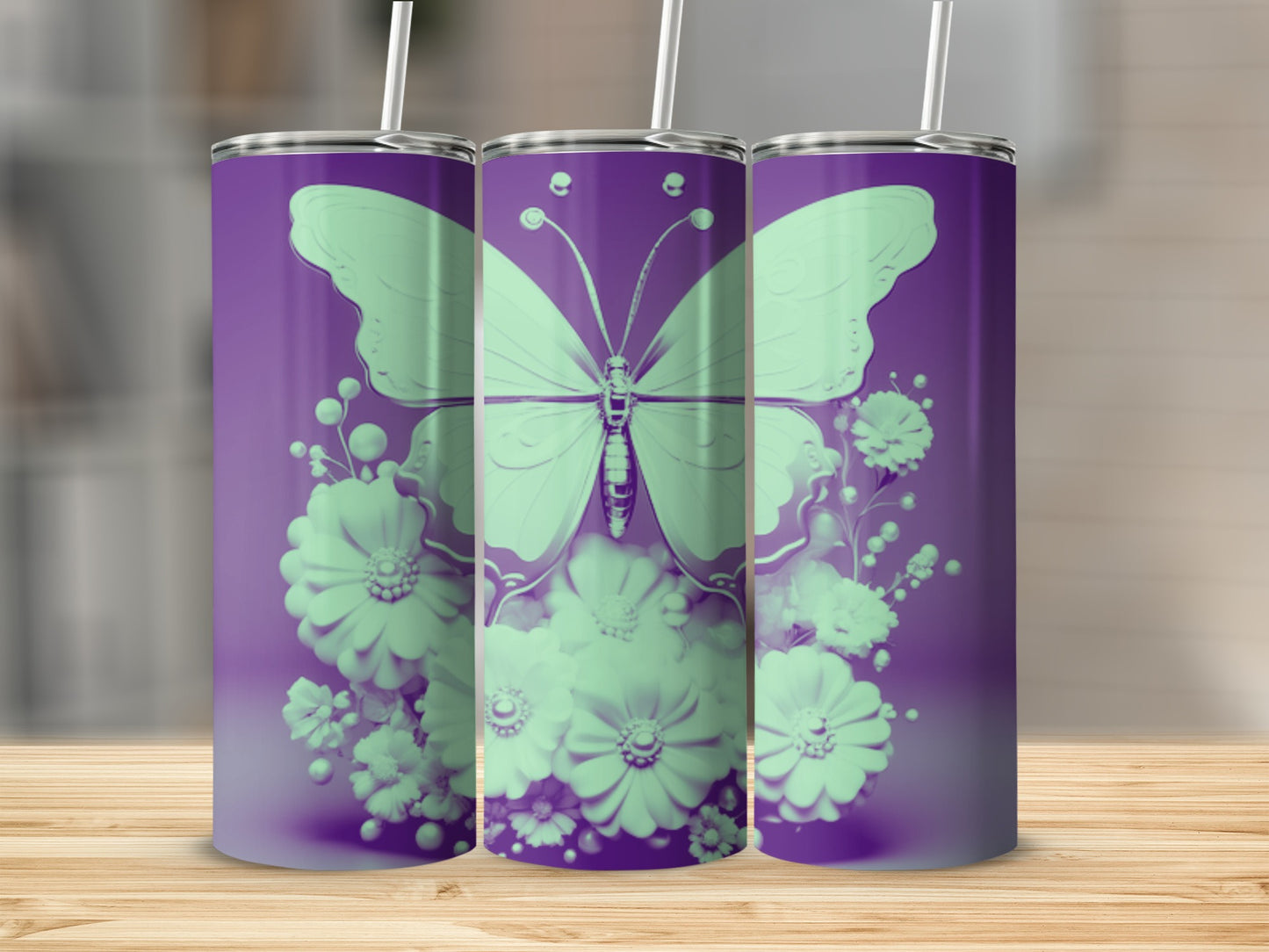 Purple tumbler with mint green butterfly and floral design.
