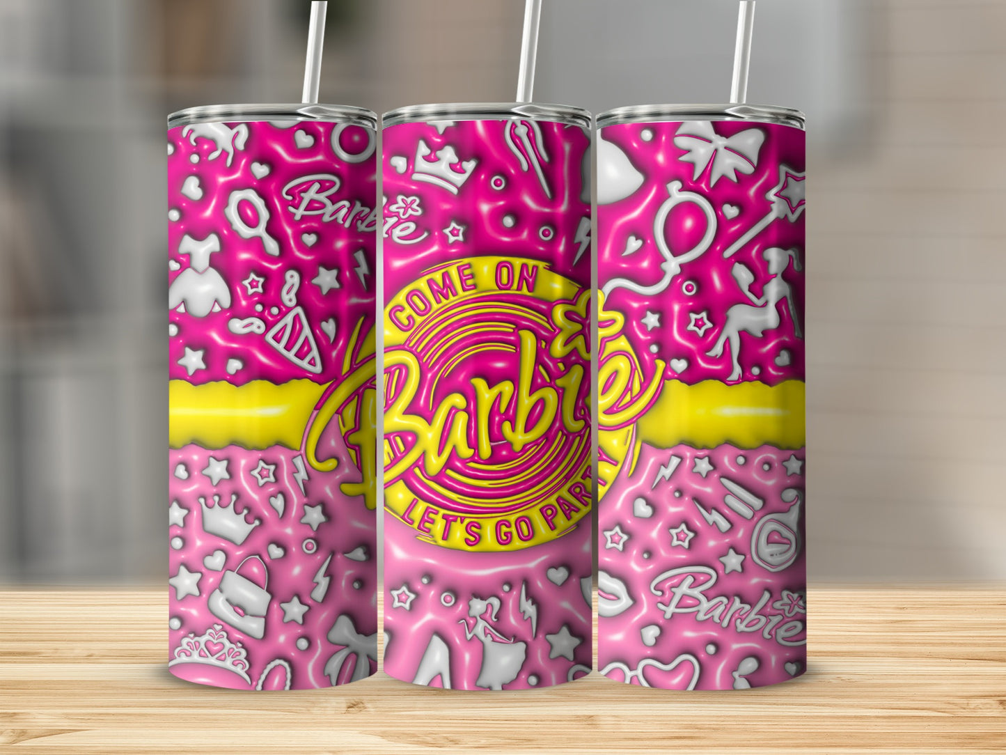 Barbie Come On Lets Go Party Icons Pink Yellow Background Tumblers