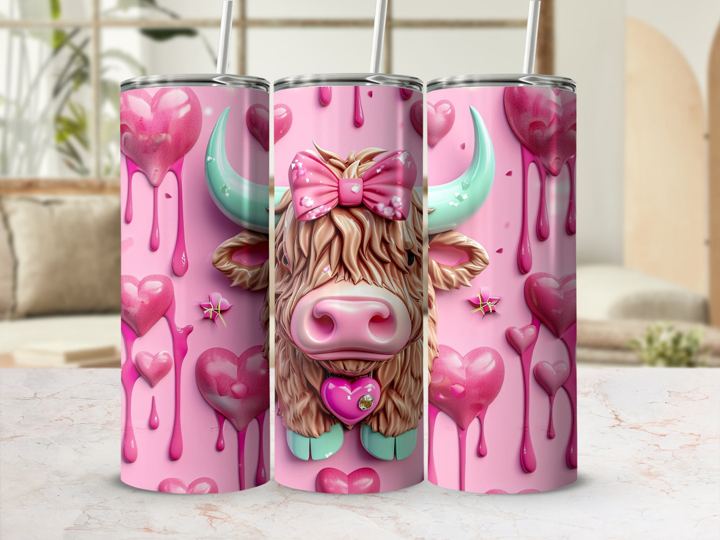 Pink tumbler with a cute Highland cow wearing a bow, surrounded by hearts.