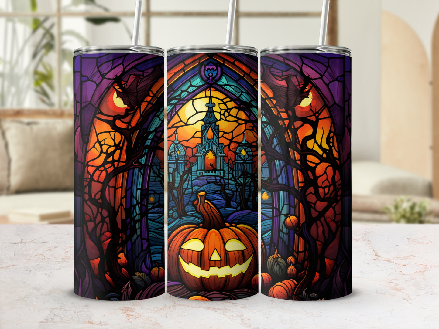 Stained glass tumbler with jack-o'-lantern, castle, and spooky trees.