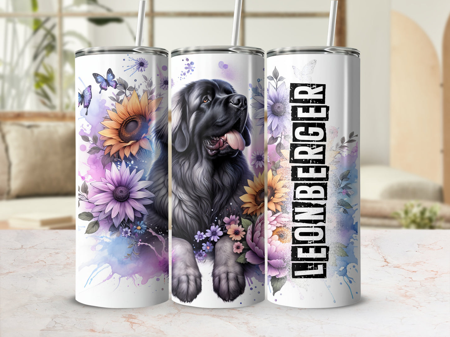 Newfoundland dog with flowers and butterflies, "LEONBERGER" text on tumbler.