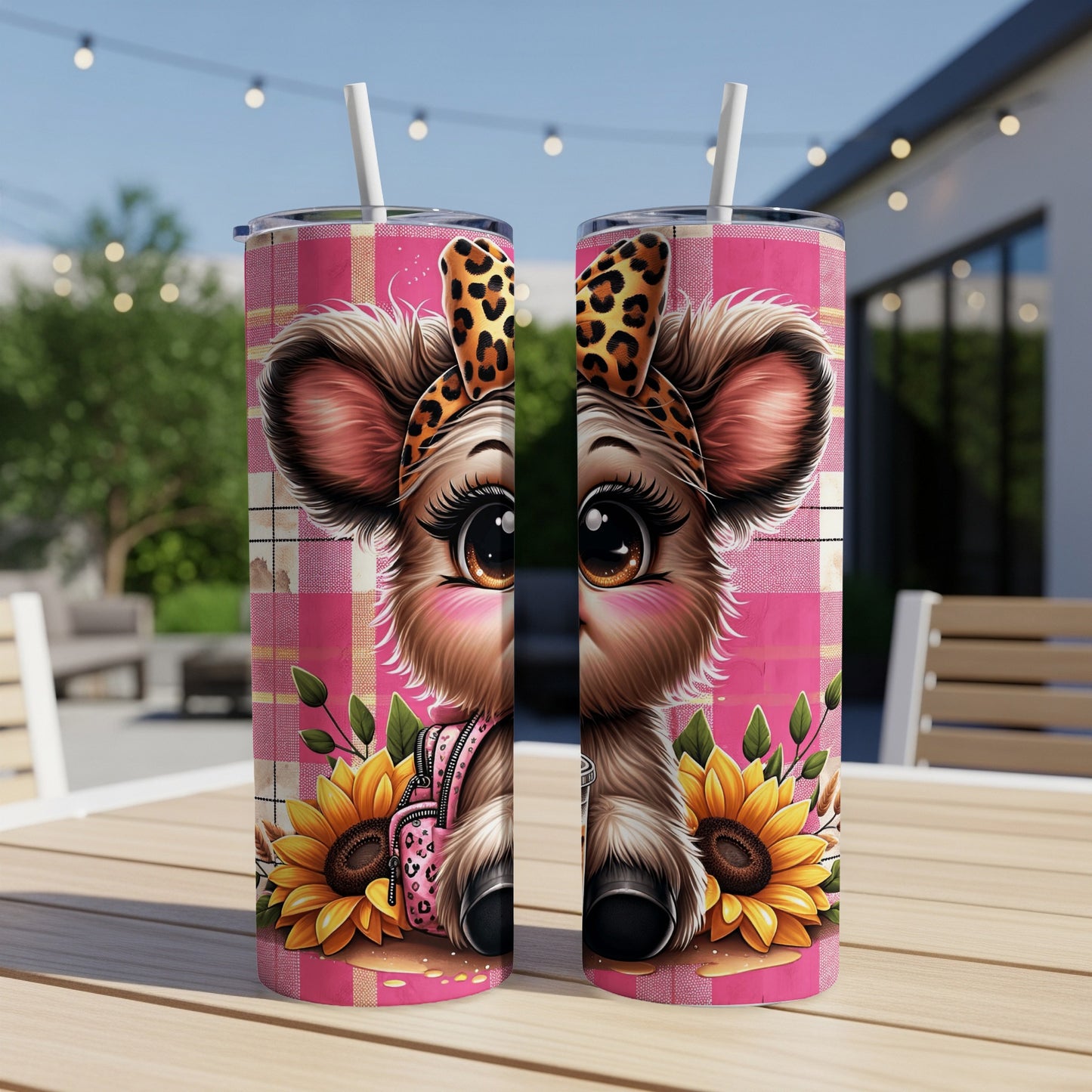 Two tumblers with a cute cartoon cow wearing a leopard print bow and sunflowers.