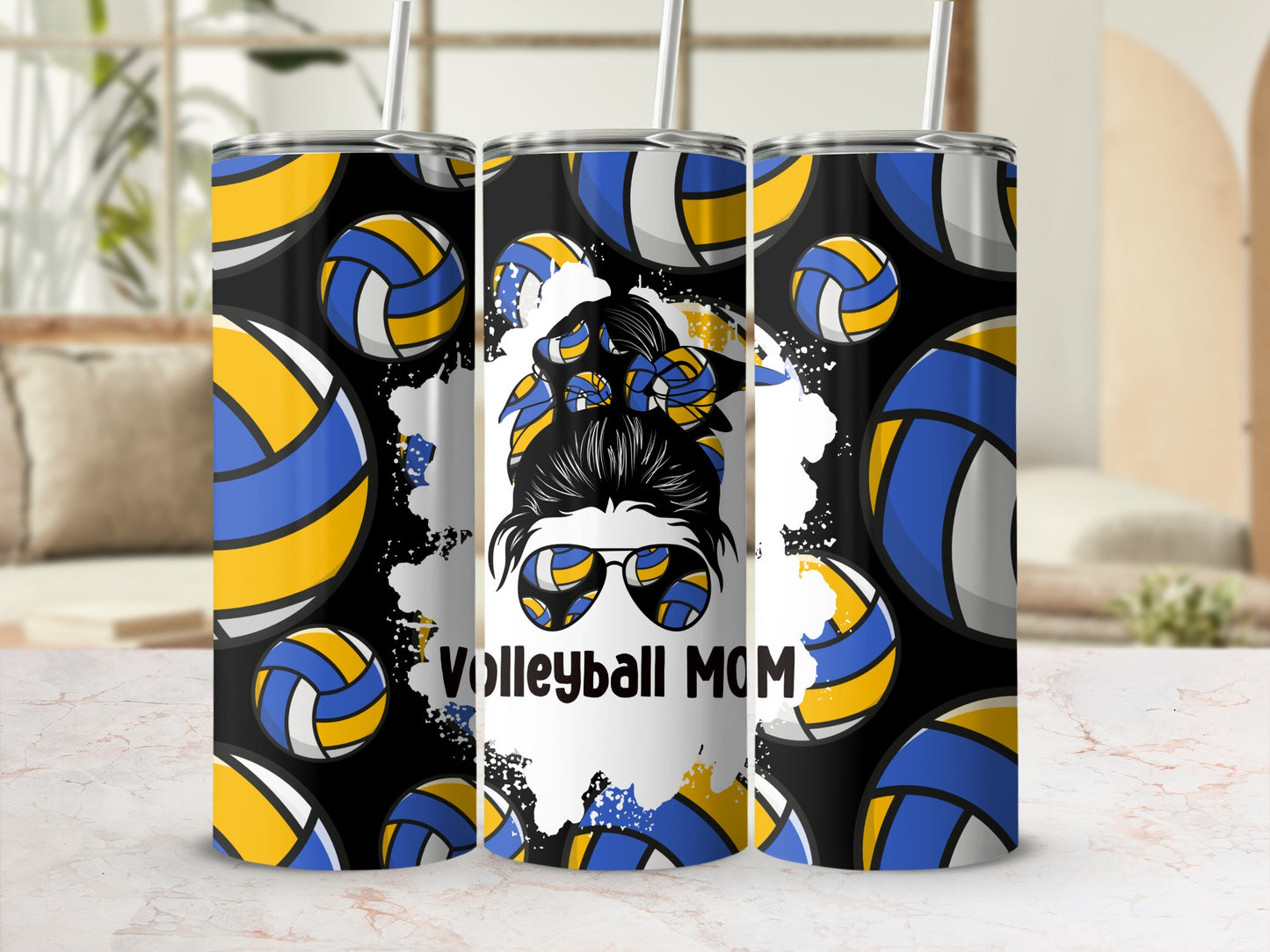 Volleyball Mom tumbler with blue, yellow, and white volleyball design.