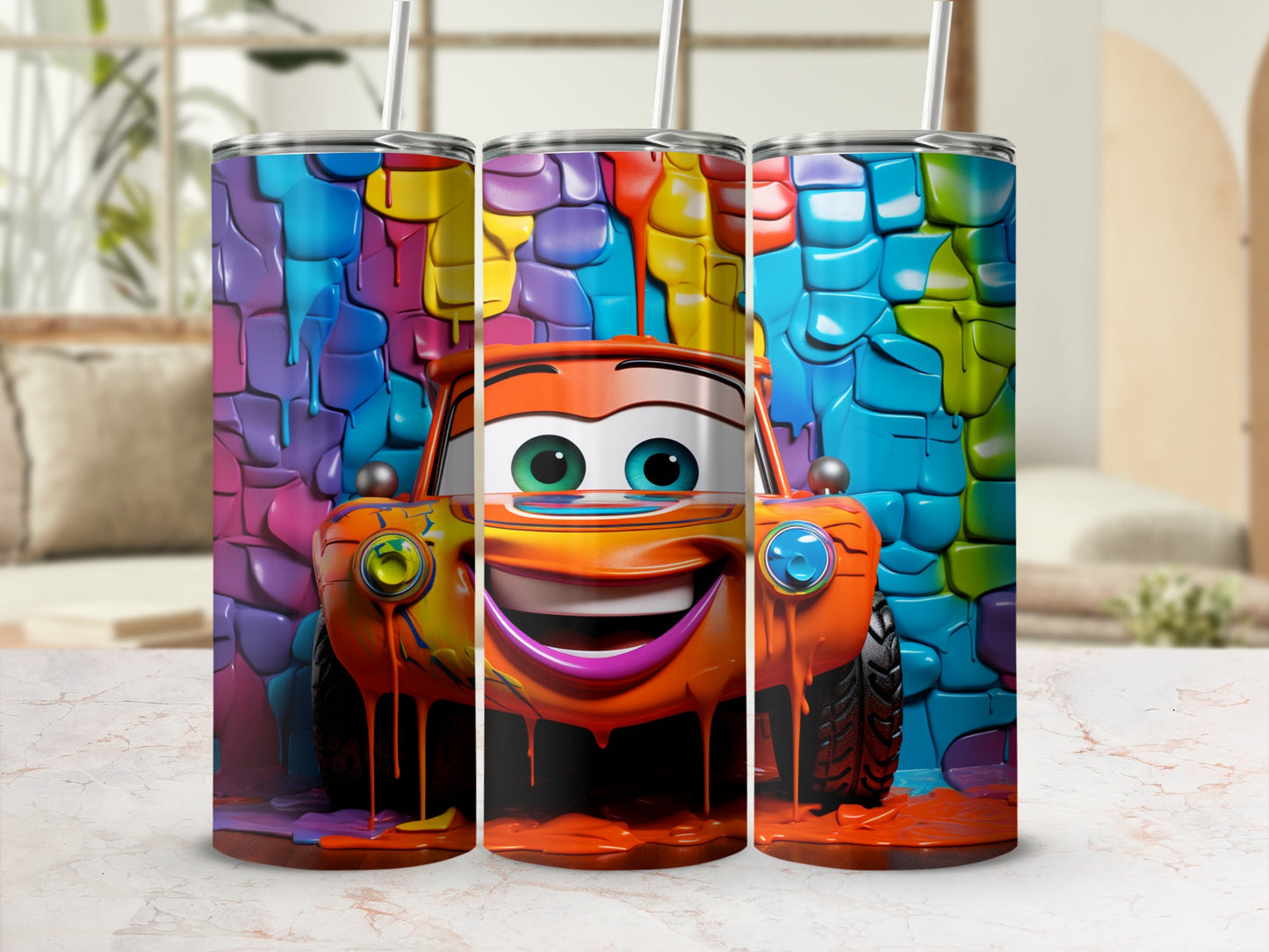 Colorful Cartoon Car Design Travel Mug With Straw