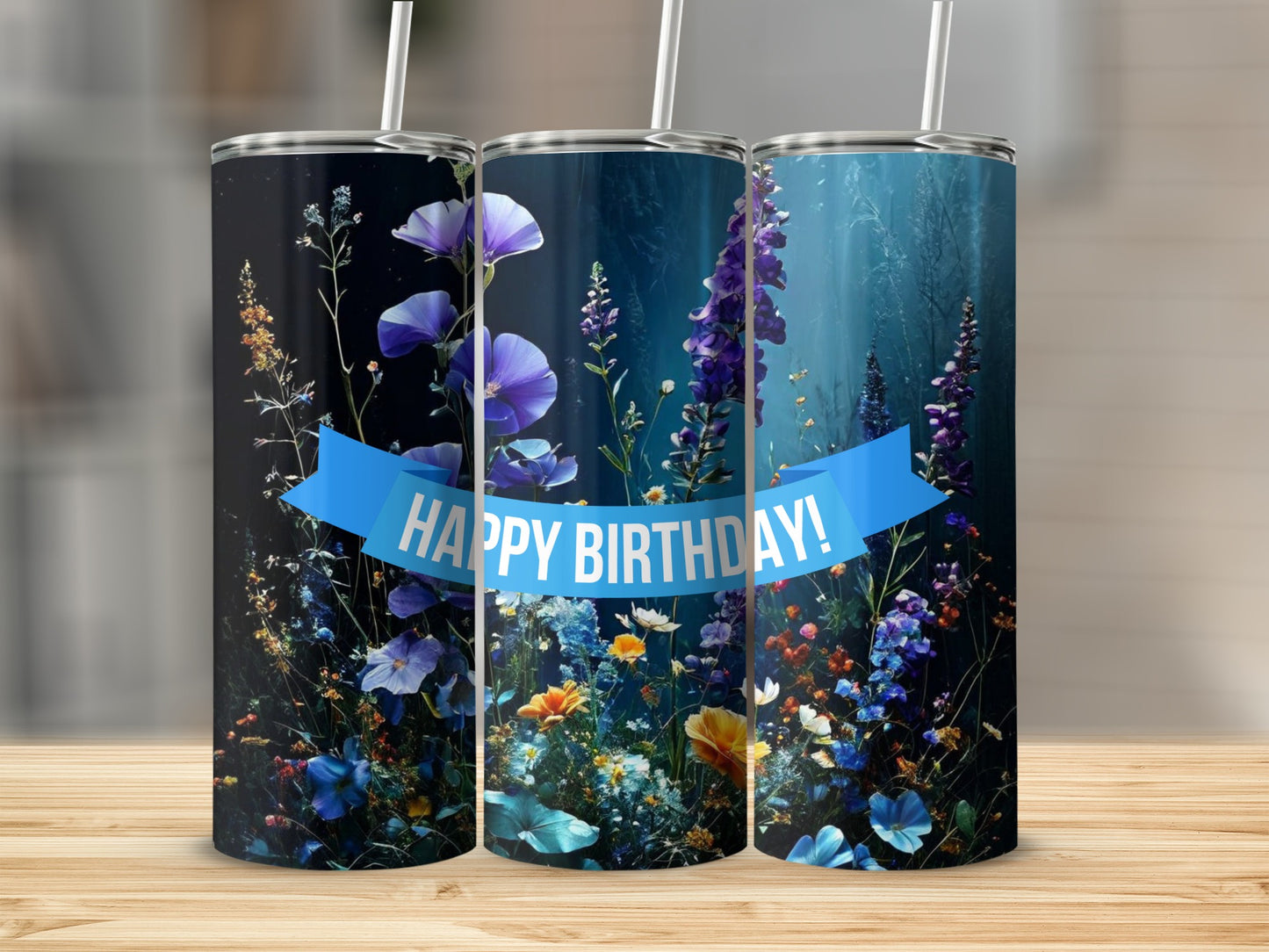 Floral birthday tumbler with "Happy Birthday!" banner.