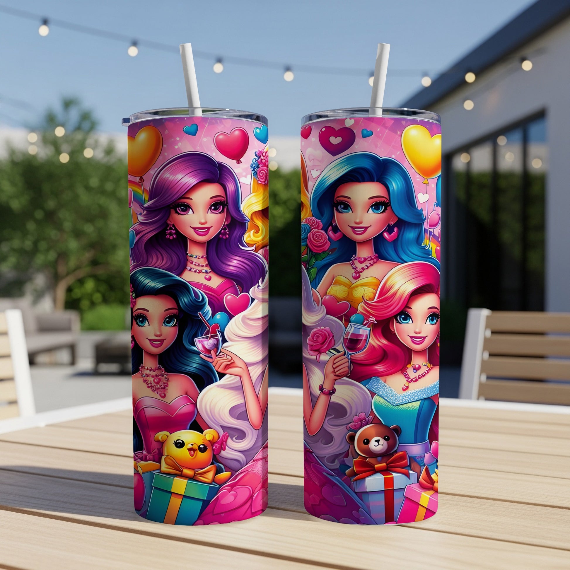 Two cartoon princesses holding gifts and drinks on a wooden table.