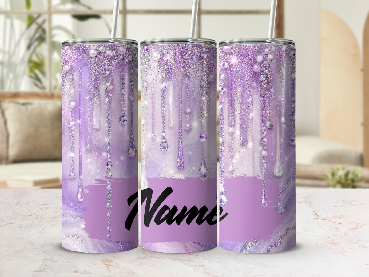 Three tumblers with purple glitter and pearl drips, a lavender band with the word "Name".