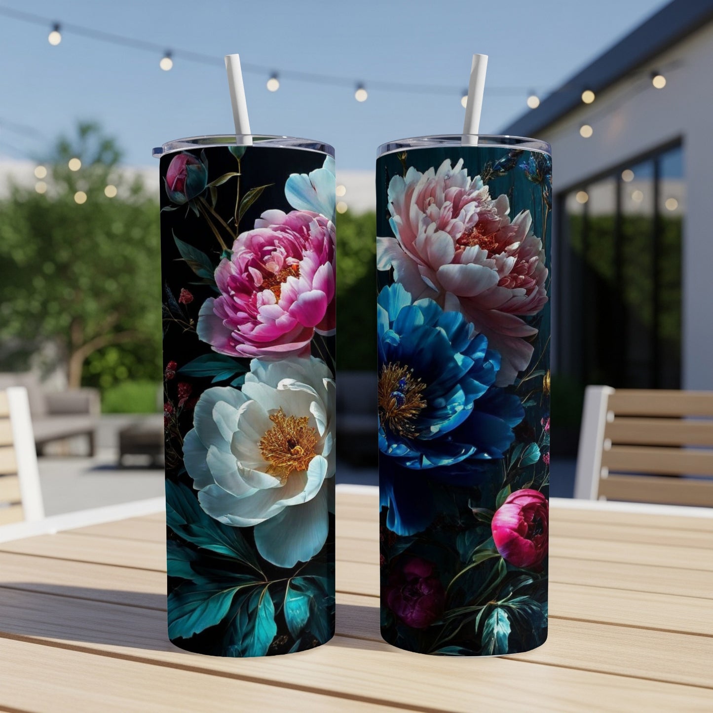 Two tumblers with vibrant pink, white, and blue floral designs on a table.