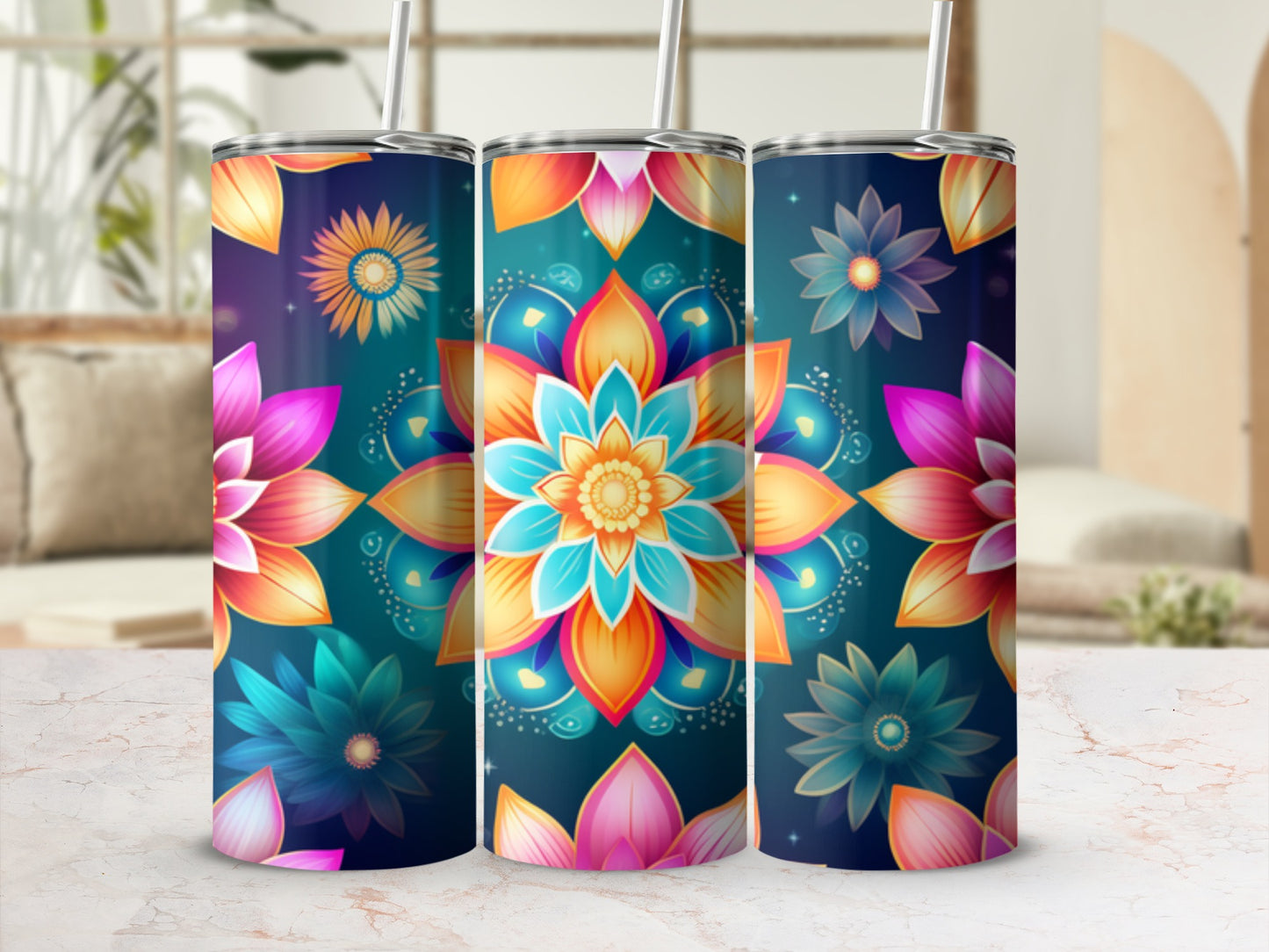 Three tumblers with colorful floral mandala designs.