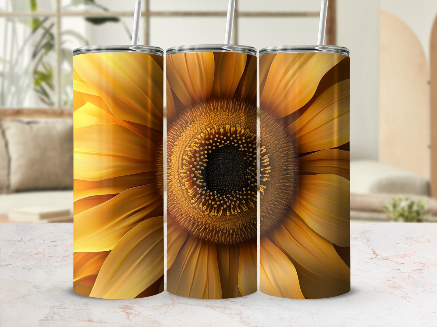 Three tumblers featuring a close-up, detailed sunflower design.