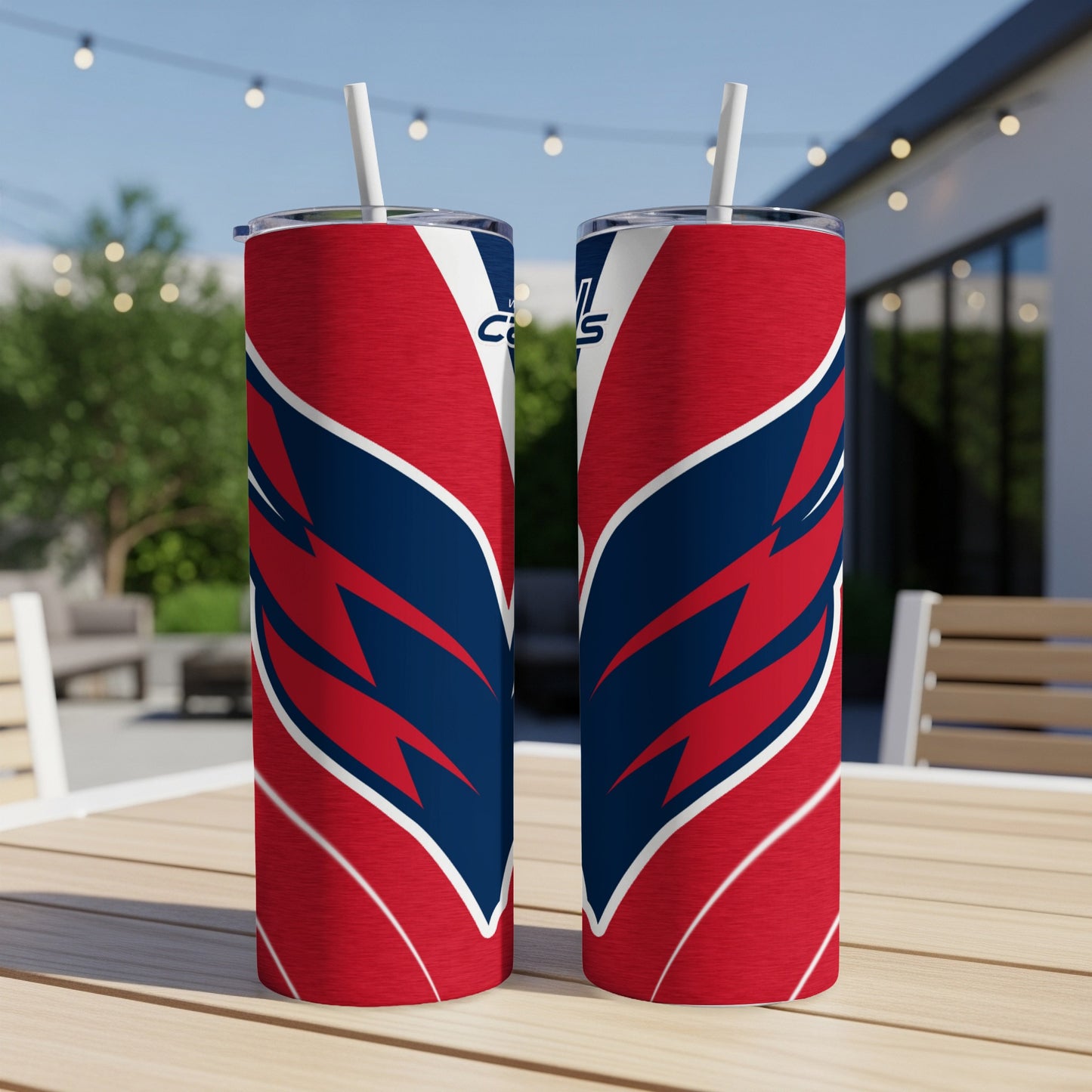 Washington Capitals themed tumblers with red, white, and blue lightning bolt design.