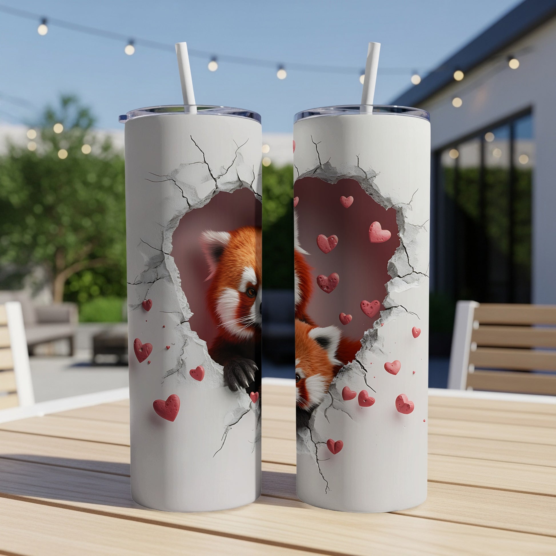 Two tall tumblers with red pandas and hearts breaking through cracks.